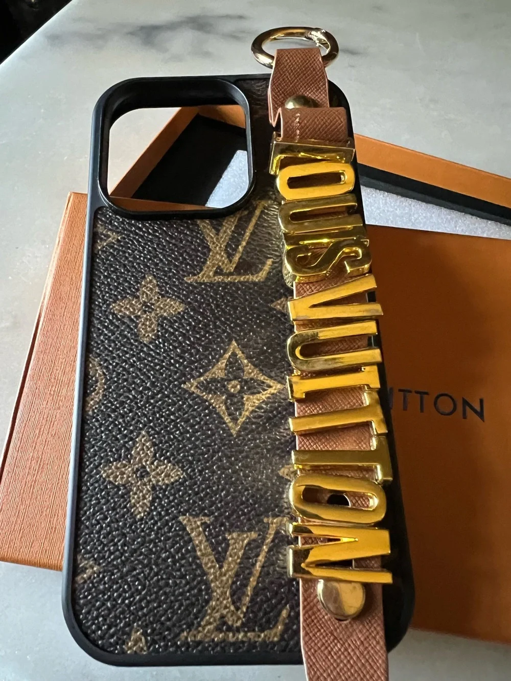 💫 Louis Vuitton Monogram Canvas Phone Case with Gold Letter Strap
